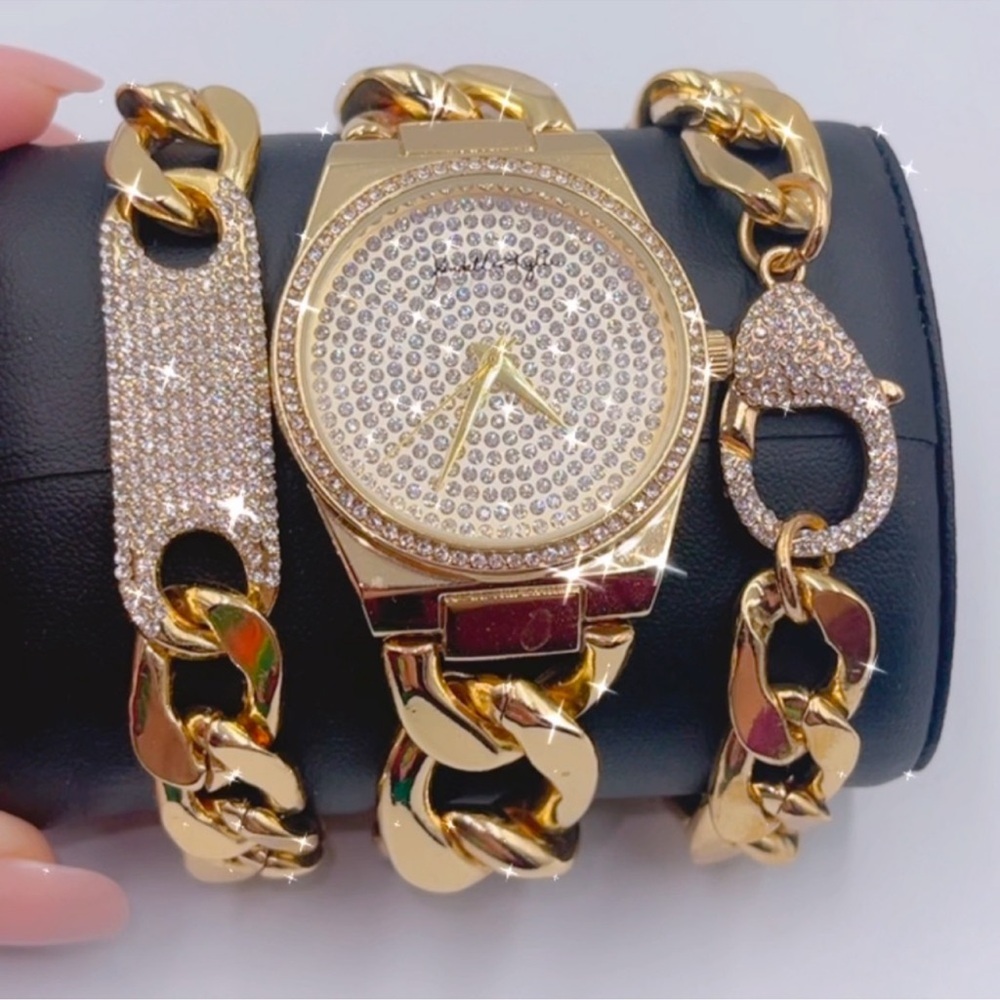 Gold Bling Women's Watch and Bracelet 3pc Set